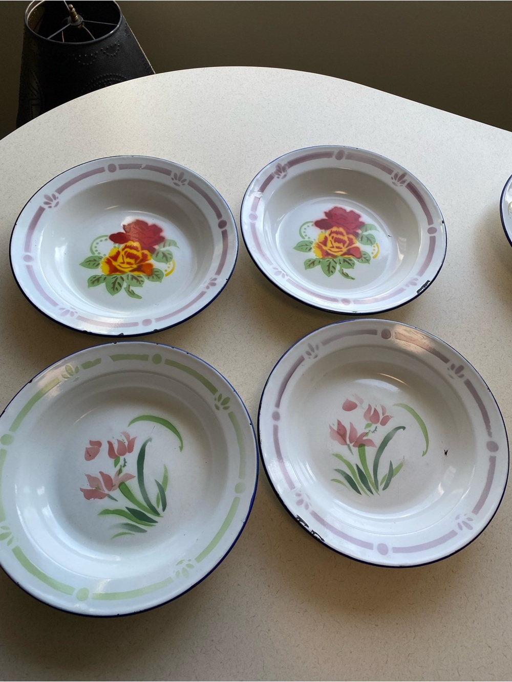 Vintage 1960’s Enamel Plates with black trim & flower motif Diameter 10-1/4”
